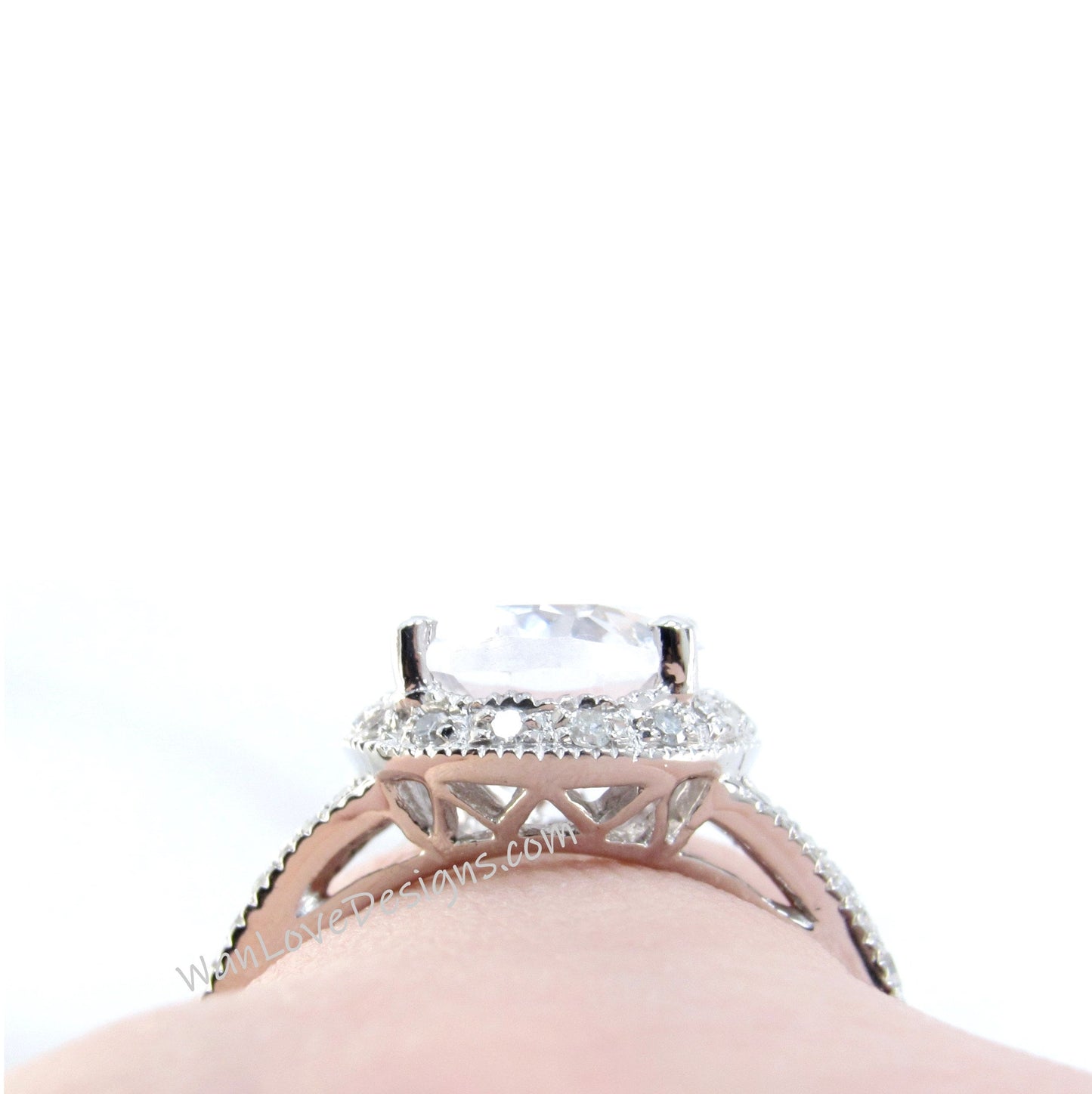 White Sapphire & Diamond Oval Halo Split Shank Milgrain Antique Vintage Engagement Ring 4ct 10x8mm Wedding Anniversary Gift-Ready to ship