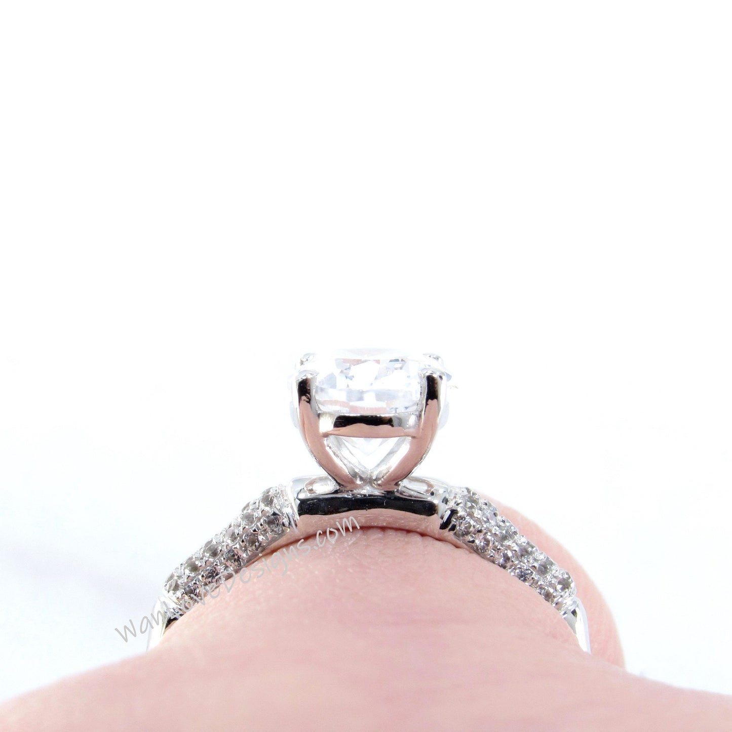 White Sapphire Engagement Ring Bamboo Oval, Pave, 3ct, 9x7mm, White Gold, Custom, Anniversary Gift, Proposal, Ready to Ship