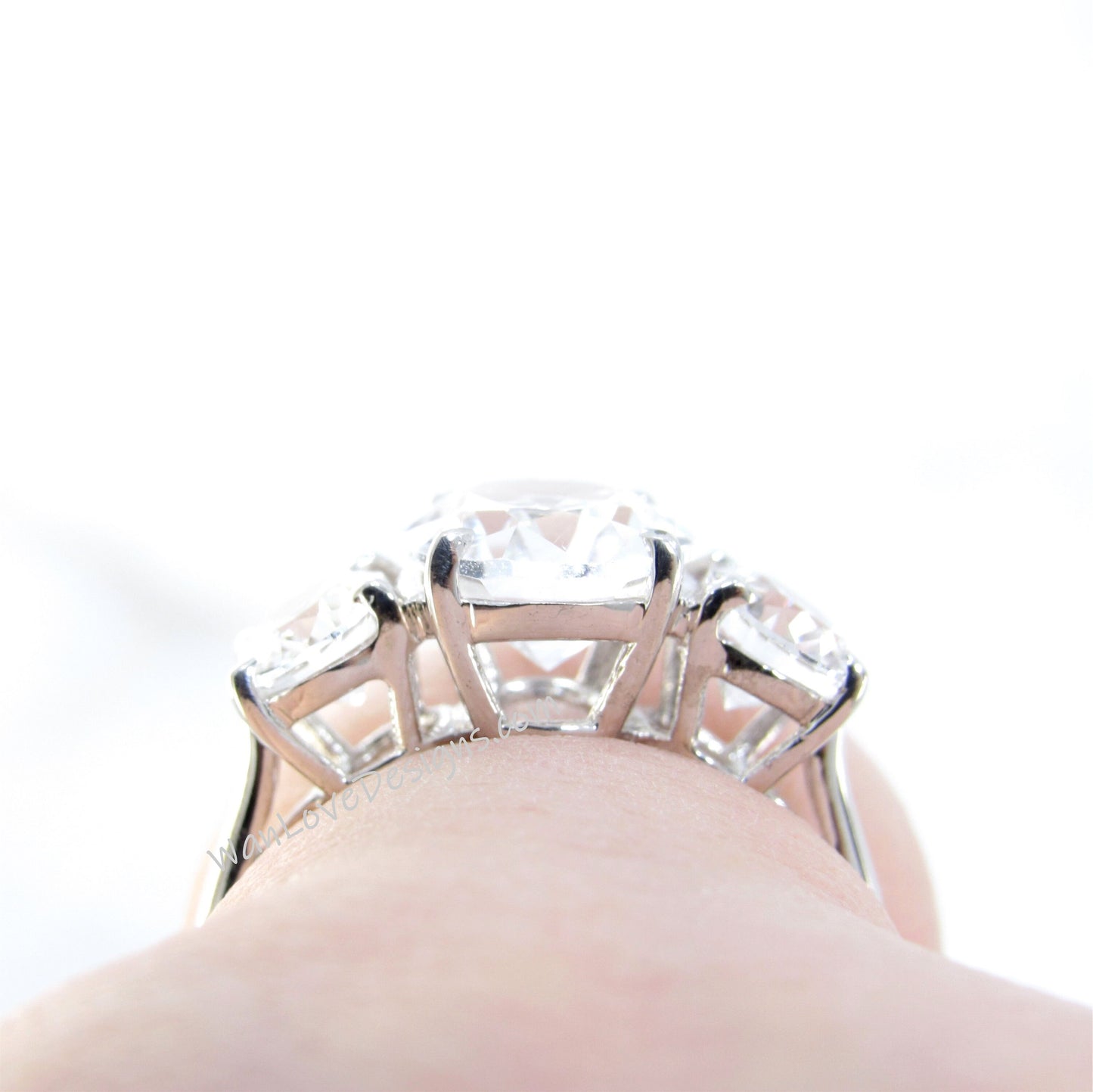 White Sapphire 3 Gem Stone Oval Engagement Ring Gemstone 4ct 10x8mm 1ct 7x5mm 925 Silver w Rhodium-resizable-Ready to Ship