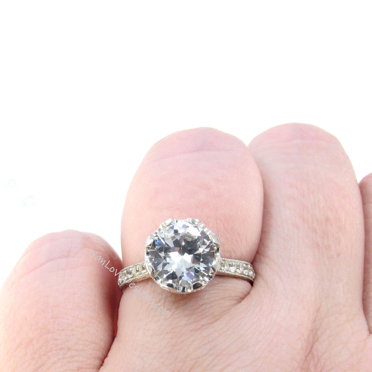 Vintage Round White Sapphire engagement ring Antique Milgrain filigree wedding ring Unique promise half eternity anniversary Bridal ring