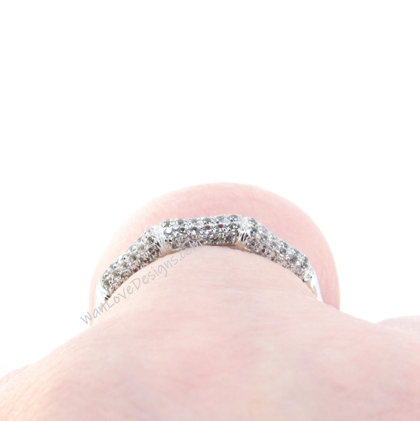 White Sapphire Bamboo Wedding Band Nature Ring Notched Half Eternity Pave White Gold ring unique matching bridal anniversary ring-Ready