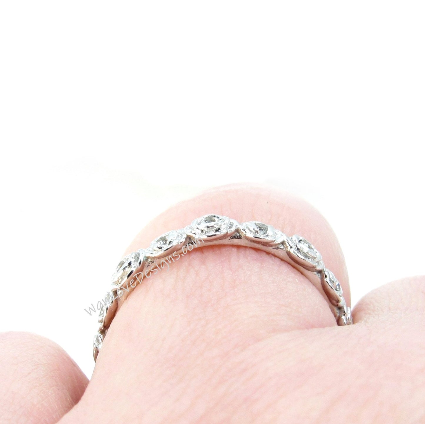 White Sapphire Rose Wedding Band Floral Engagement Ring Almost Eternity band Stacking band Solid White Gold band-Custom, Ready to Ship