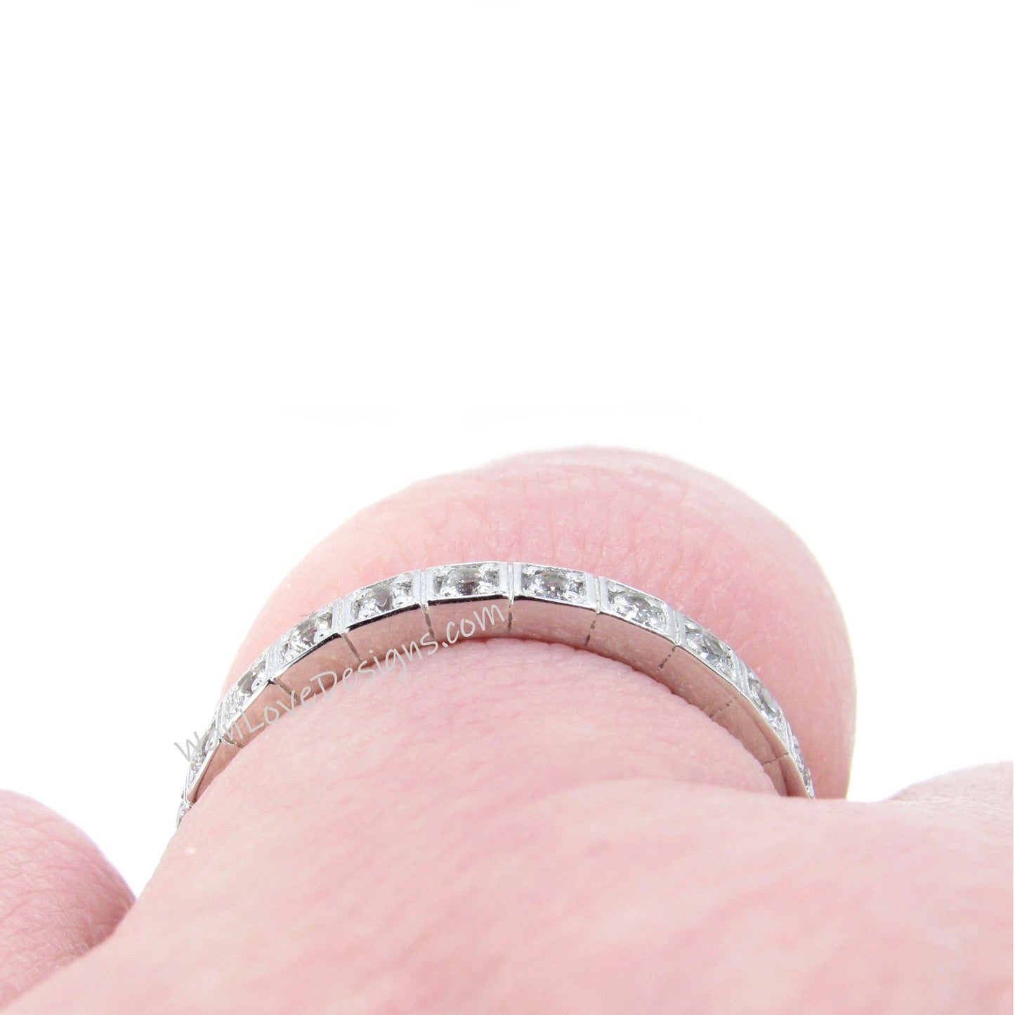 White Sapphire Almost Eternity Wedding Band Ring, Square Modern Band for Her, Custom, White Gold, Anniversary Gift, Ready to Ship