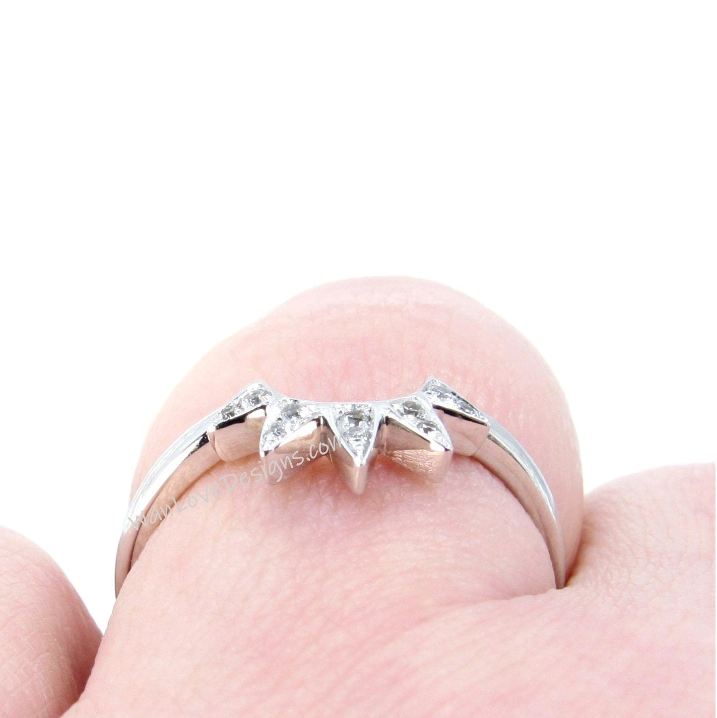 White Sapphire Starburst Wedding Band, Pointed Star Ring, Sunburst, Curved, Nesting, Rose Gold, White Gold, Custom, Engagement-Ready to Ship