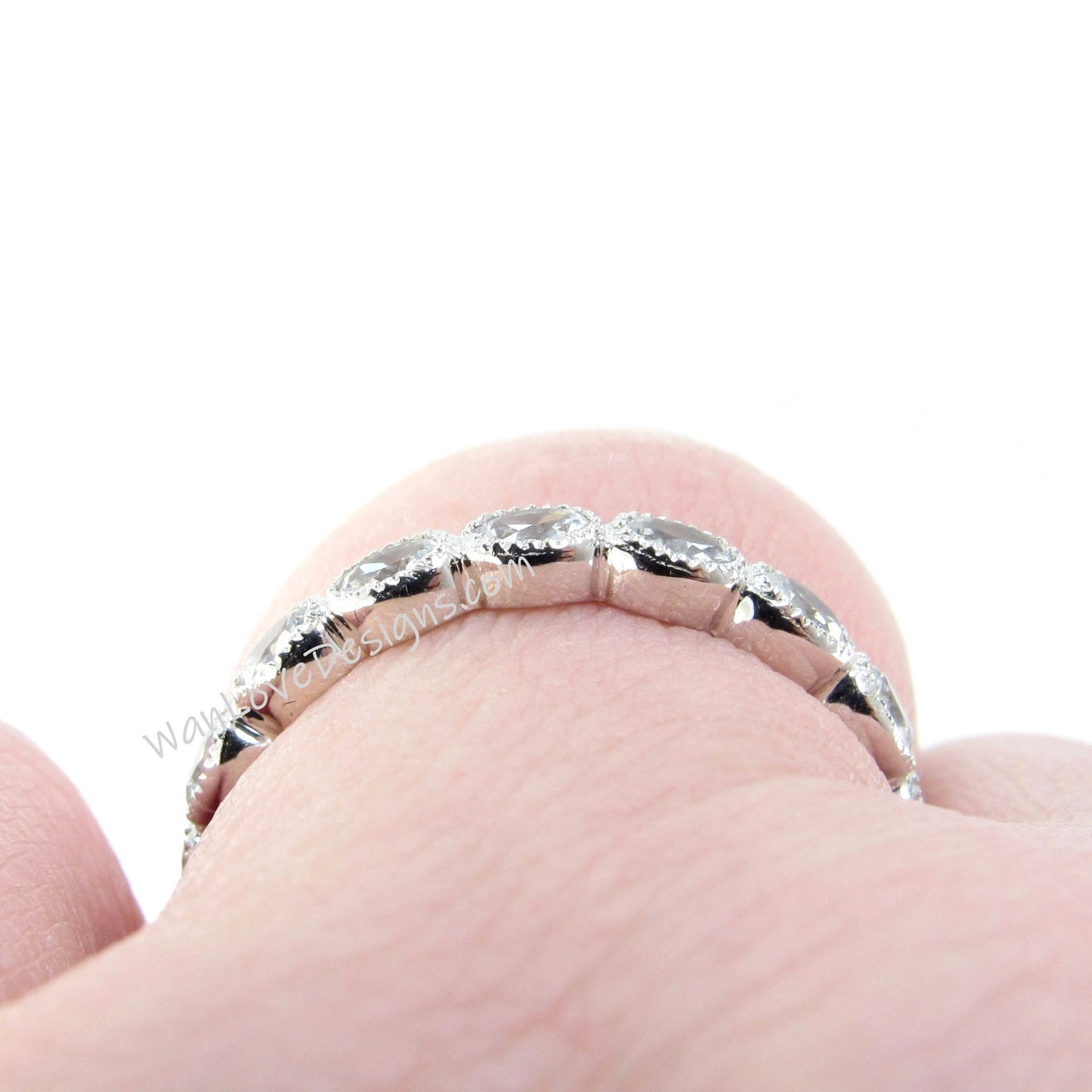 White Sapphire Oval Bezel Milgrain 3/4 Almost Eternity Stackable Wedding Band Ring White Gold Custom Engagement-Ready to Ship