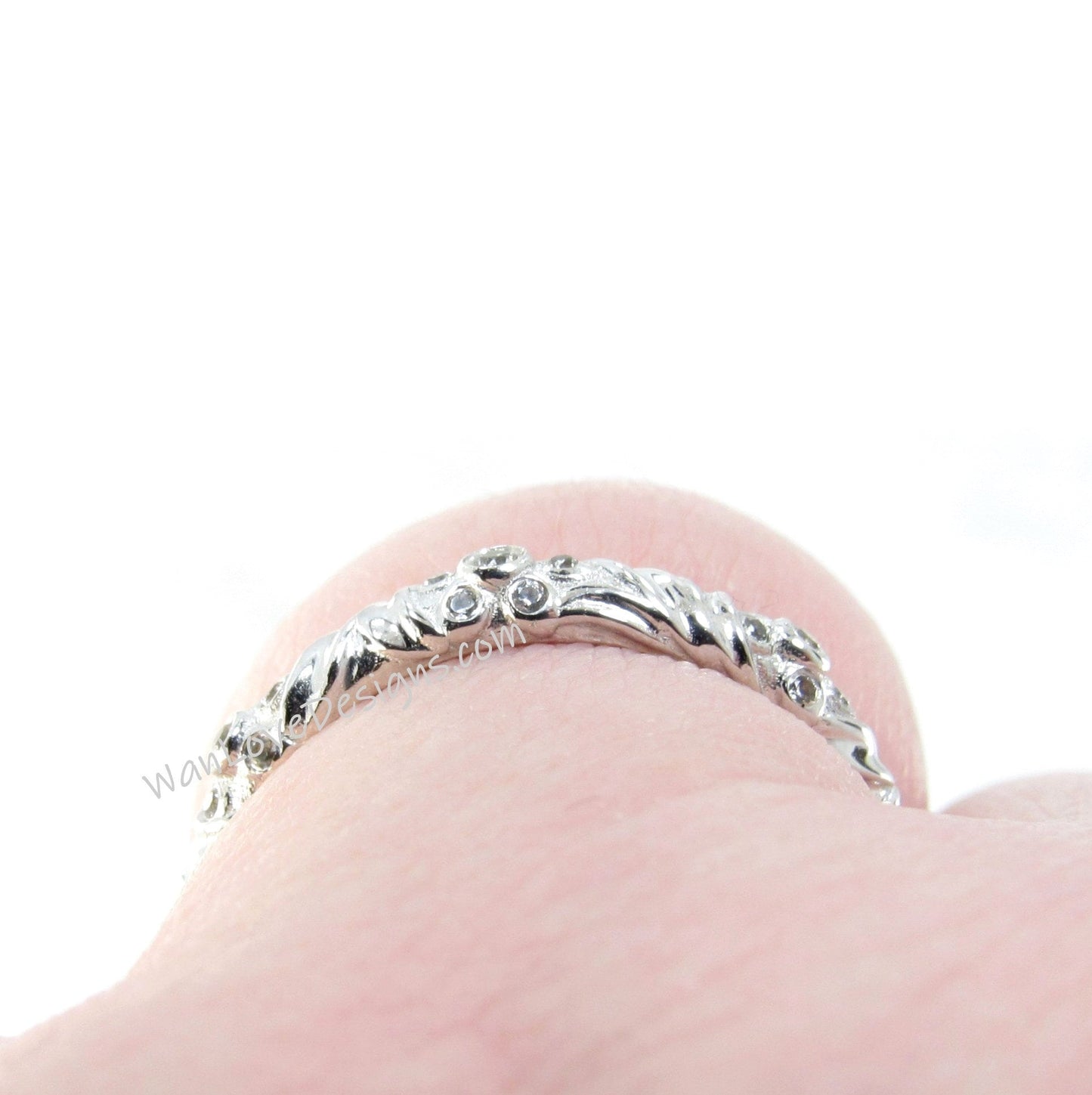 White Sapphire Flower Engraved Wedding Band vintage Nature Floral Ring White Gold Promise Bridal unique anniversary ring wedding jewelry