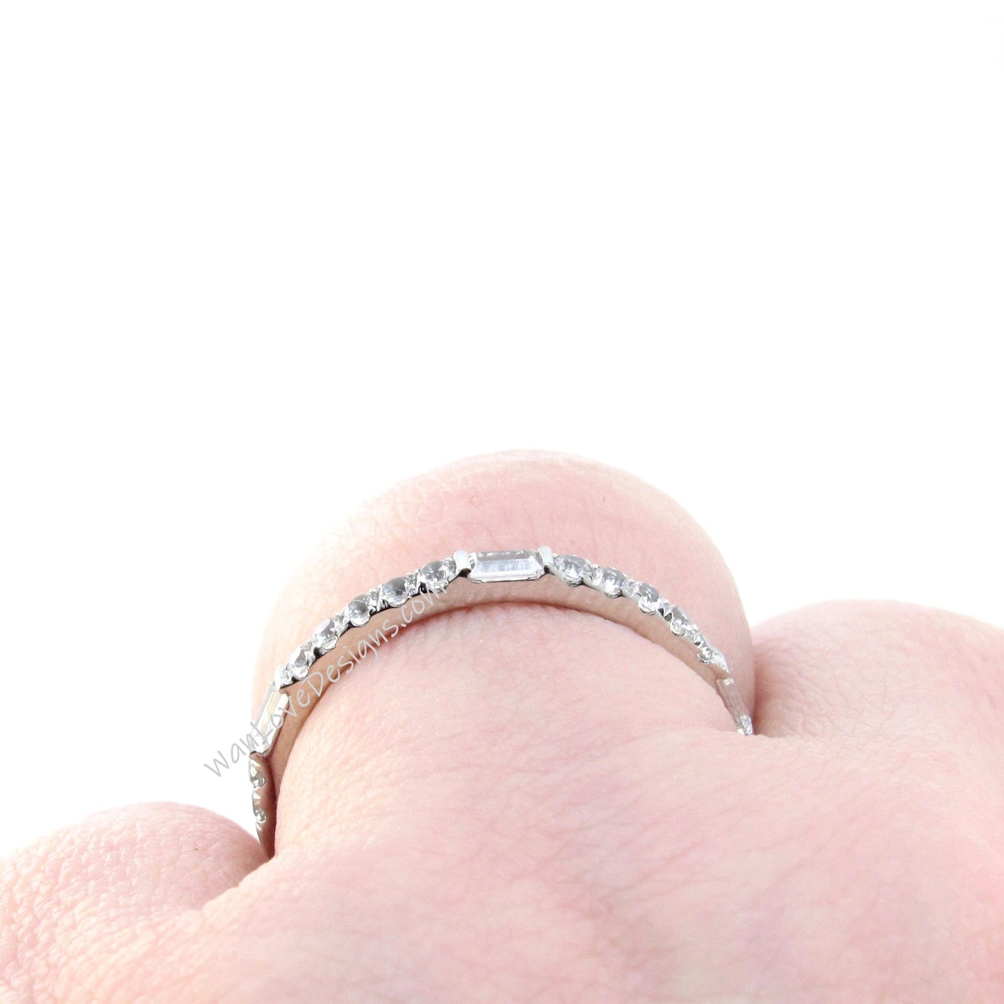 White Sapphire 3/4 Almost Eternity Baguette Bar Round Prong Wedding Band Ring Custom White Gold Anniversary Gift Ready to Ship