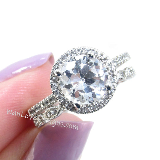 White Sapphire Round Halo Engagement Ring Set, Milgrain Leaf Band, 2ct 8mm, Silver Rhodium-Wedding-Anniversary Gift-Ready to ship