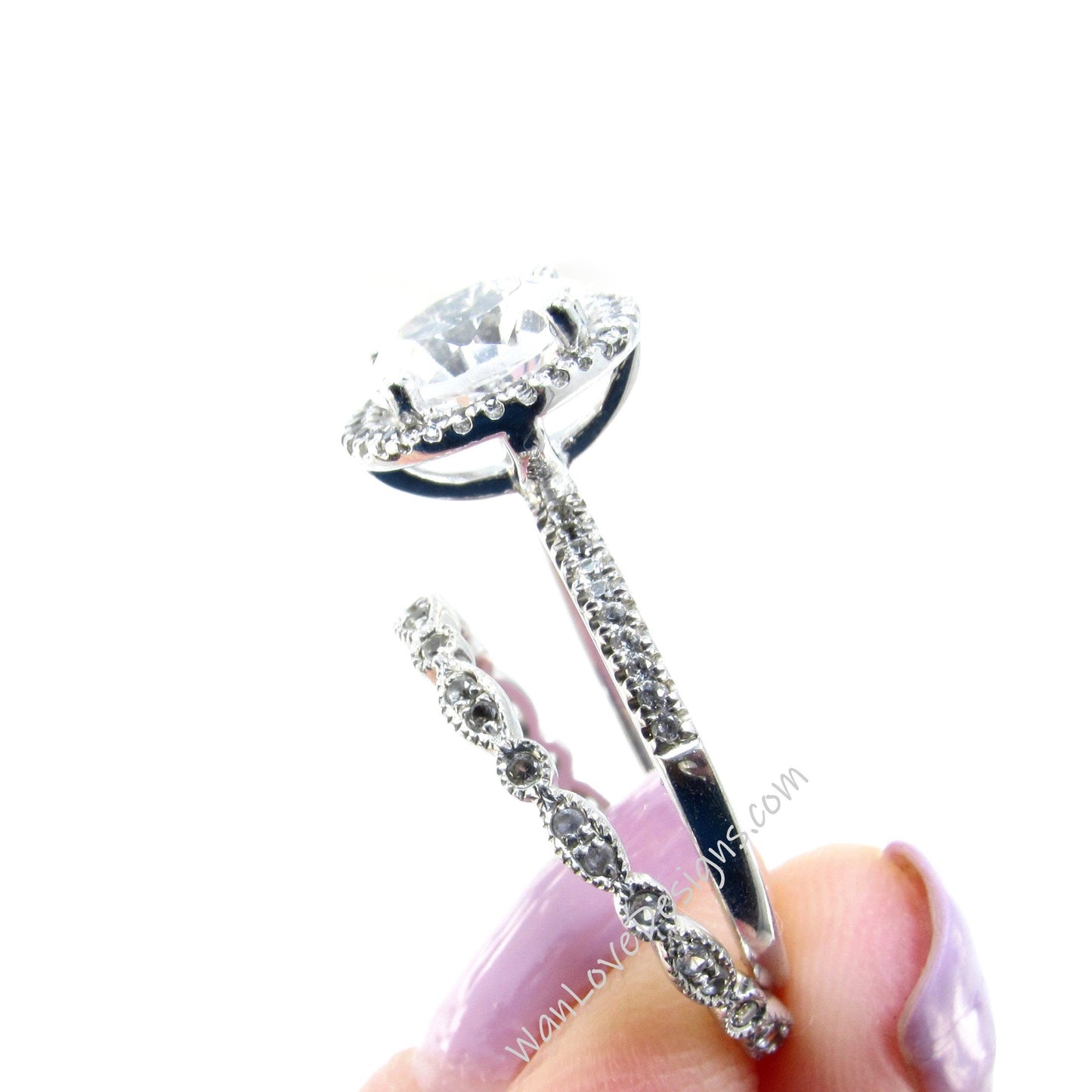 White Sapphire Round Halo Engagement Ring Set, Milgrain Leaf Band, 2ct 8mm, Silver Rhodium-Wedding-Anniversary Gift-Ready to ship