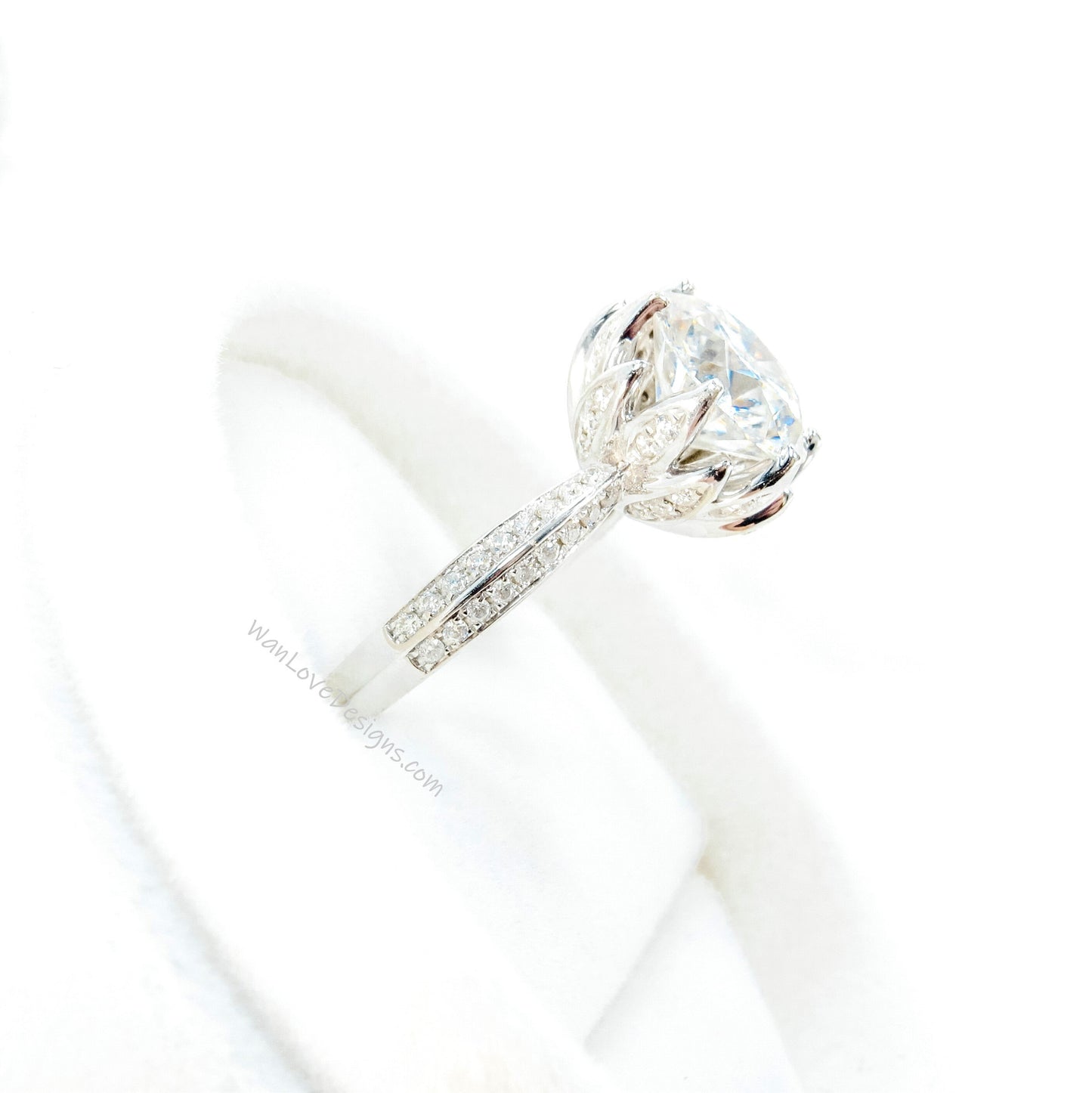 White Topaz & Diamond Lotus Flower Round Engagement Ring, 3ct, 9mm, Wedding, Anniversary Gift, Silver Rhodium, Resizable-Fast Ship
