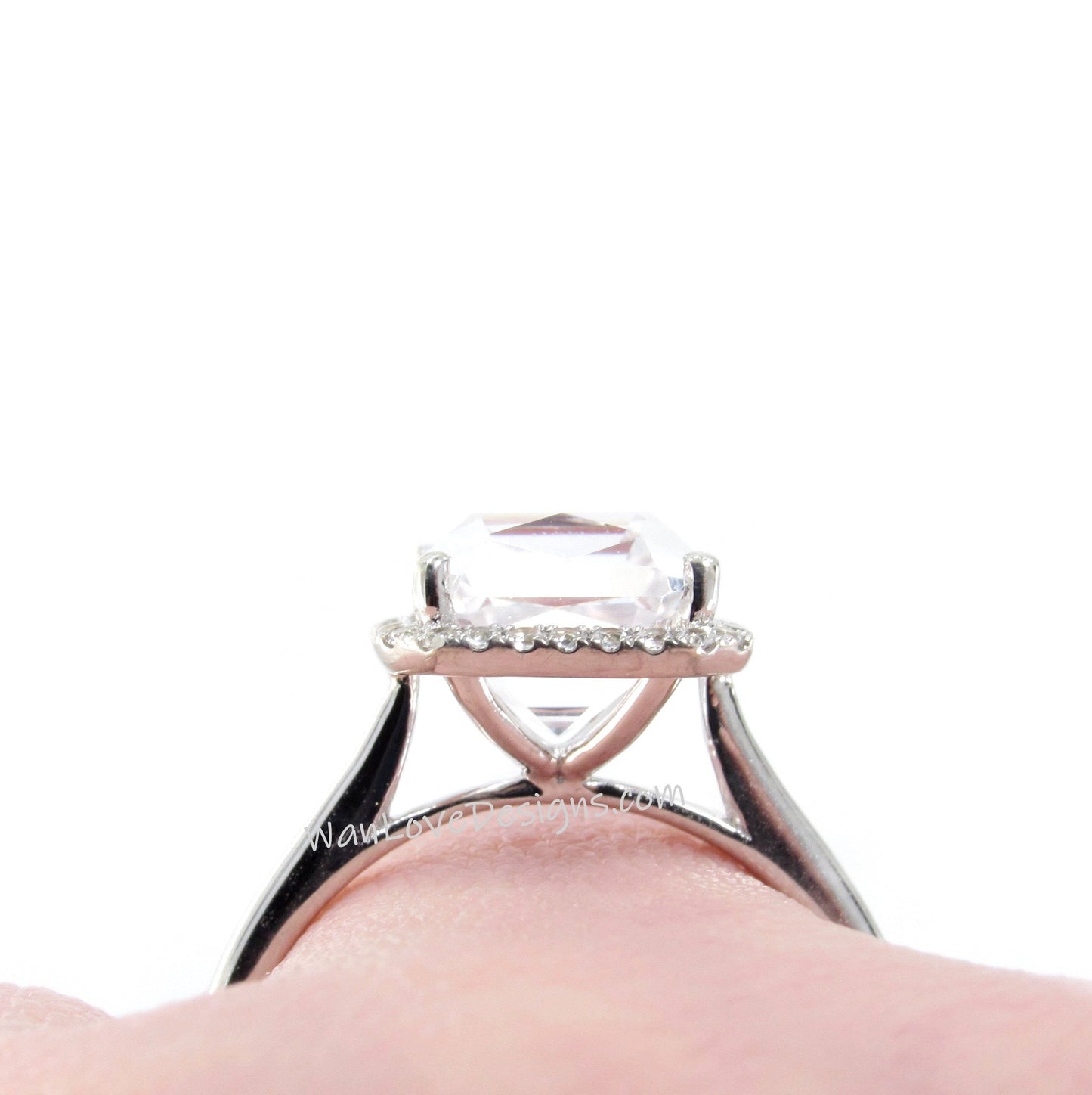 White Sapphire engagement ring emerald cut ring halo ring white sapphire ring vintage art deco prong ring anniversary ring -Ready to ship