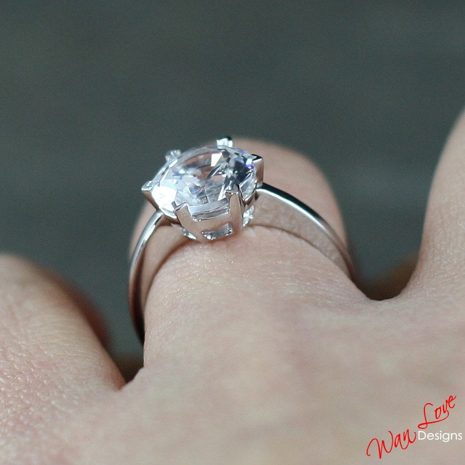 White Sapphire Solitaire Engagement Ring, 6 V prongs, Round cut, 3ct, 9mm, Silver Rhodium-Wedding-Anniversary Gift-Ready to Ship