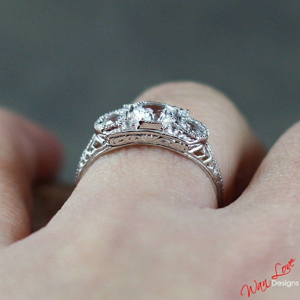 White Sapphire Antique Filigree 3 Stone Round Engagement Ring-.5ct-.75ct-5mm-3mm-Silver Rhodium-Wedding-Anniversary-Ready to ship