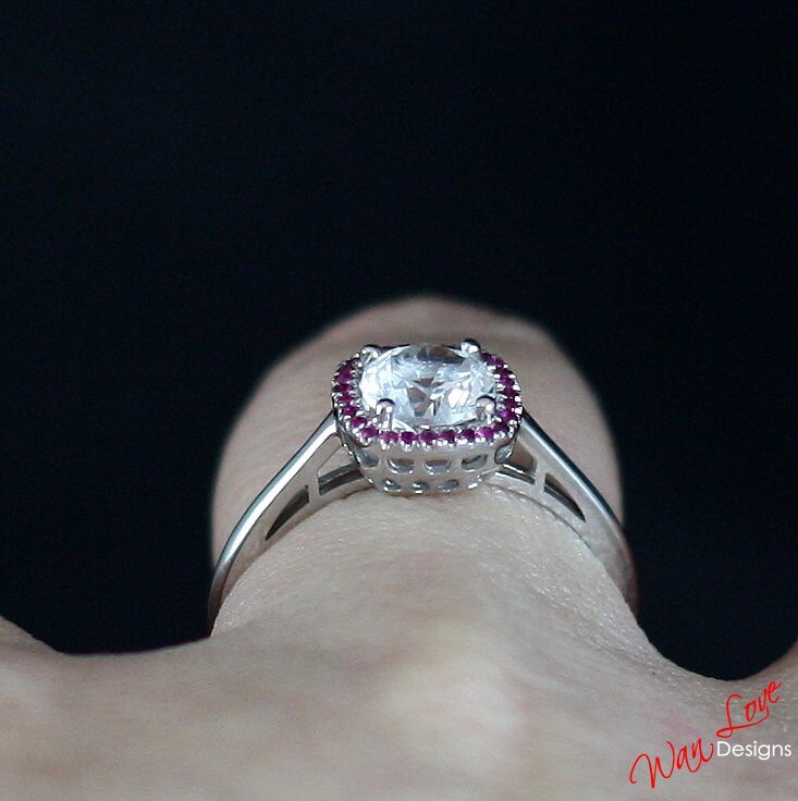 White Sapphire & Ruby Cushion Halo Engagement Ring Plain shank band-Round-1ct-6mm-Wedding-Anniversary Gift-Ready to Ship