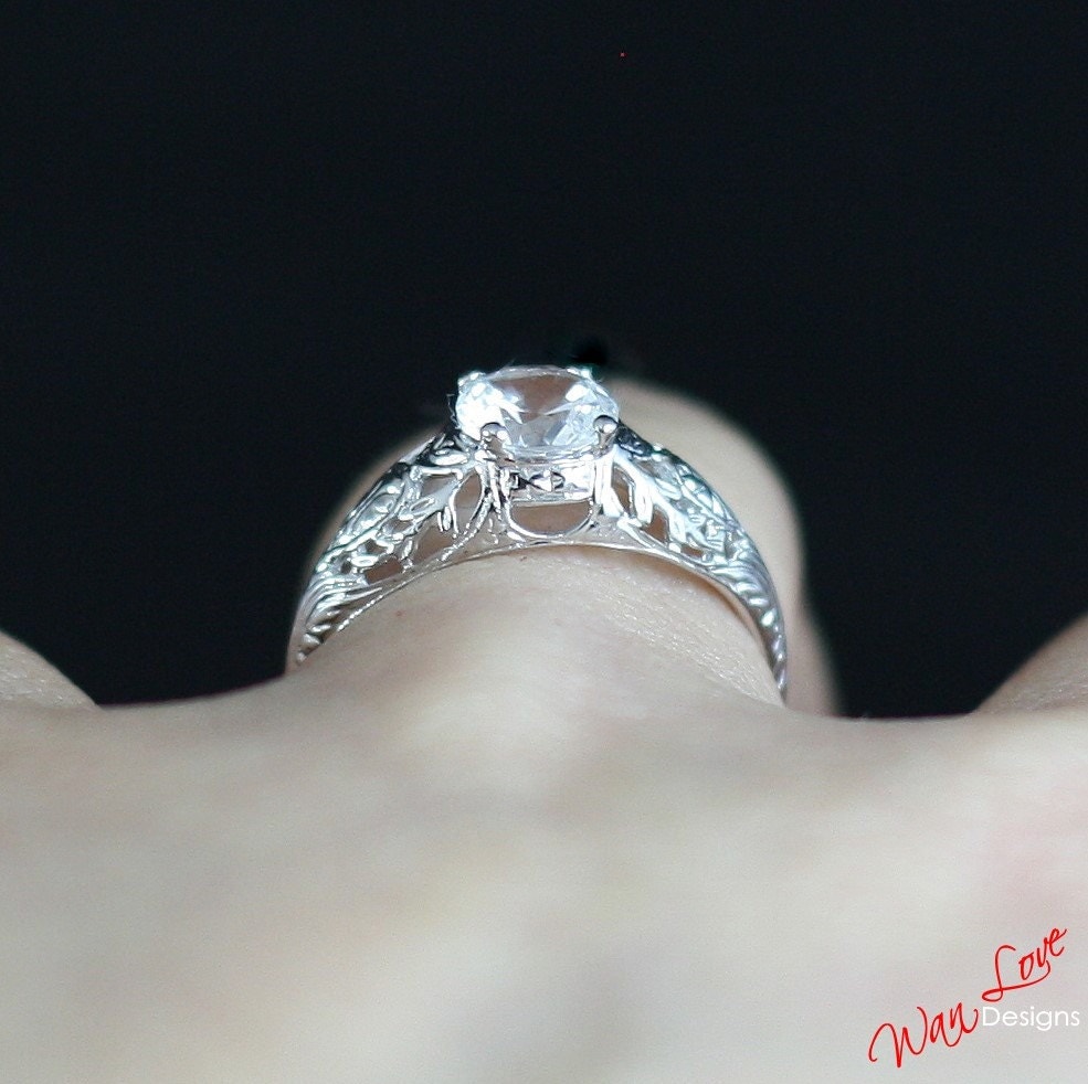 White Sapphire Solitaire Antique Filigree Engagement Ring, Round, 1ct, 6mm, Sz 6.5, Silver Rhodium, Wedding, Anniversary Gift, Ready to ship