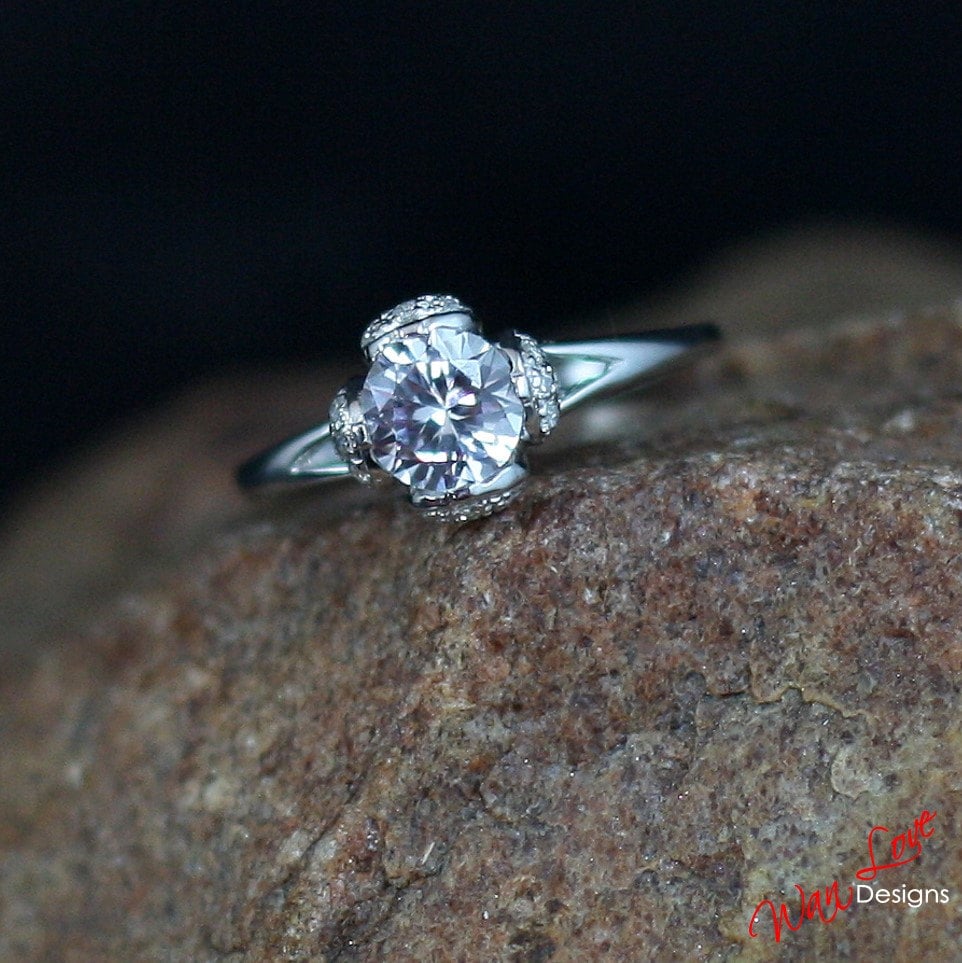 White Sapphire & Diamond Tulip Flower Split Shank Engagement Ring-Round-1ct 6mm-Silver Rhodium-Wedding-Anniversary Gift-Ready to ship