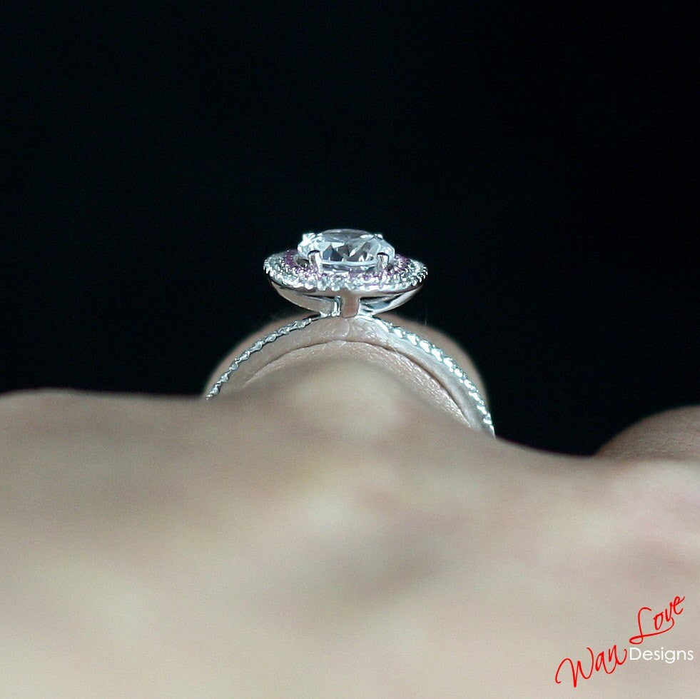White & Pink Sapphire Oval 2 Double Halo Engagement Ring 2ct art deco ring vintage bridal Wedding ring Anniversary Gift Basket-Ready to ship