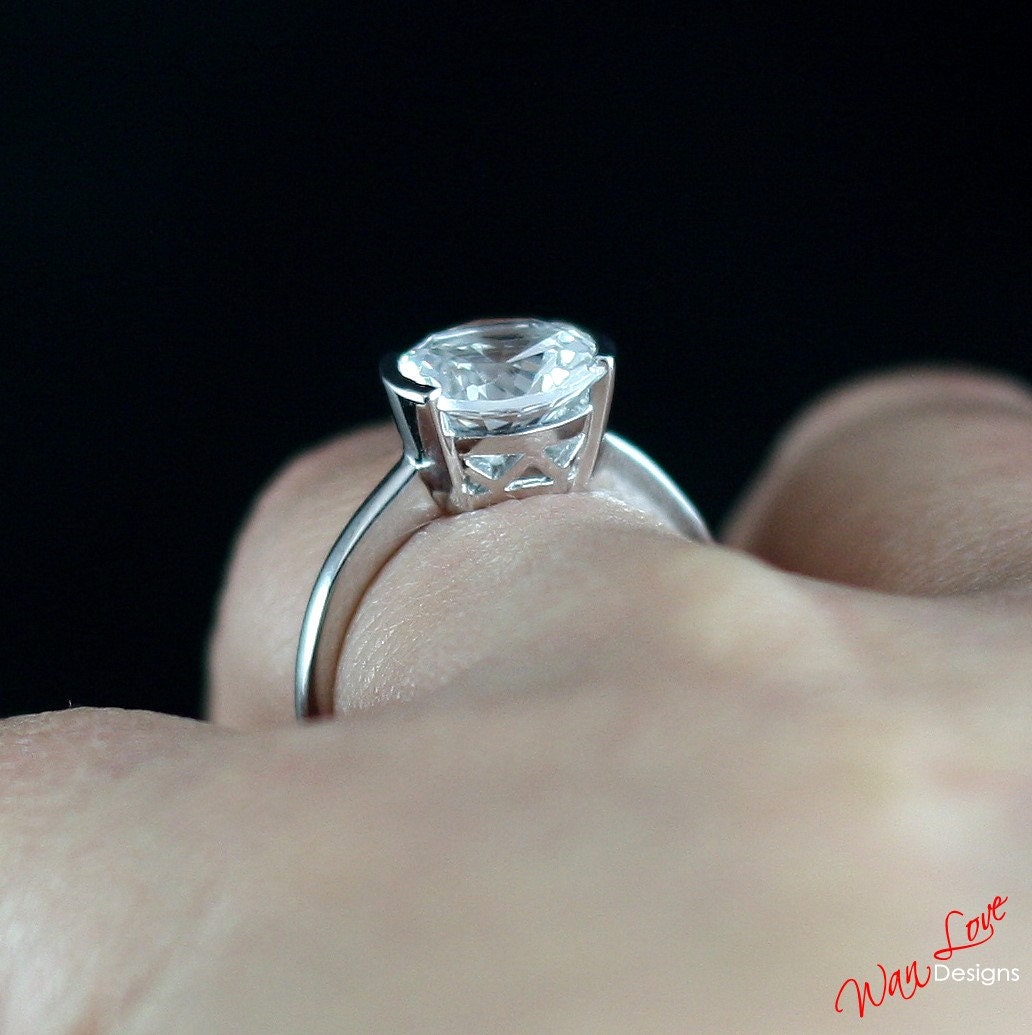 White Sapphire Semi Bezel Solitaire Engagement Ring Round Cut 3ct 9mm Round Bridal Wedding Engagement Ring Anniversary Gift-Ready to ship