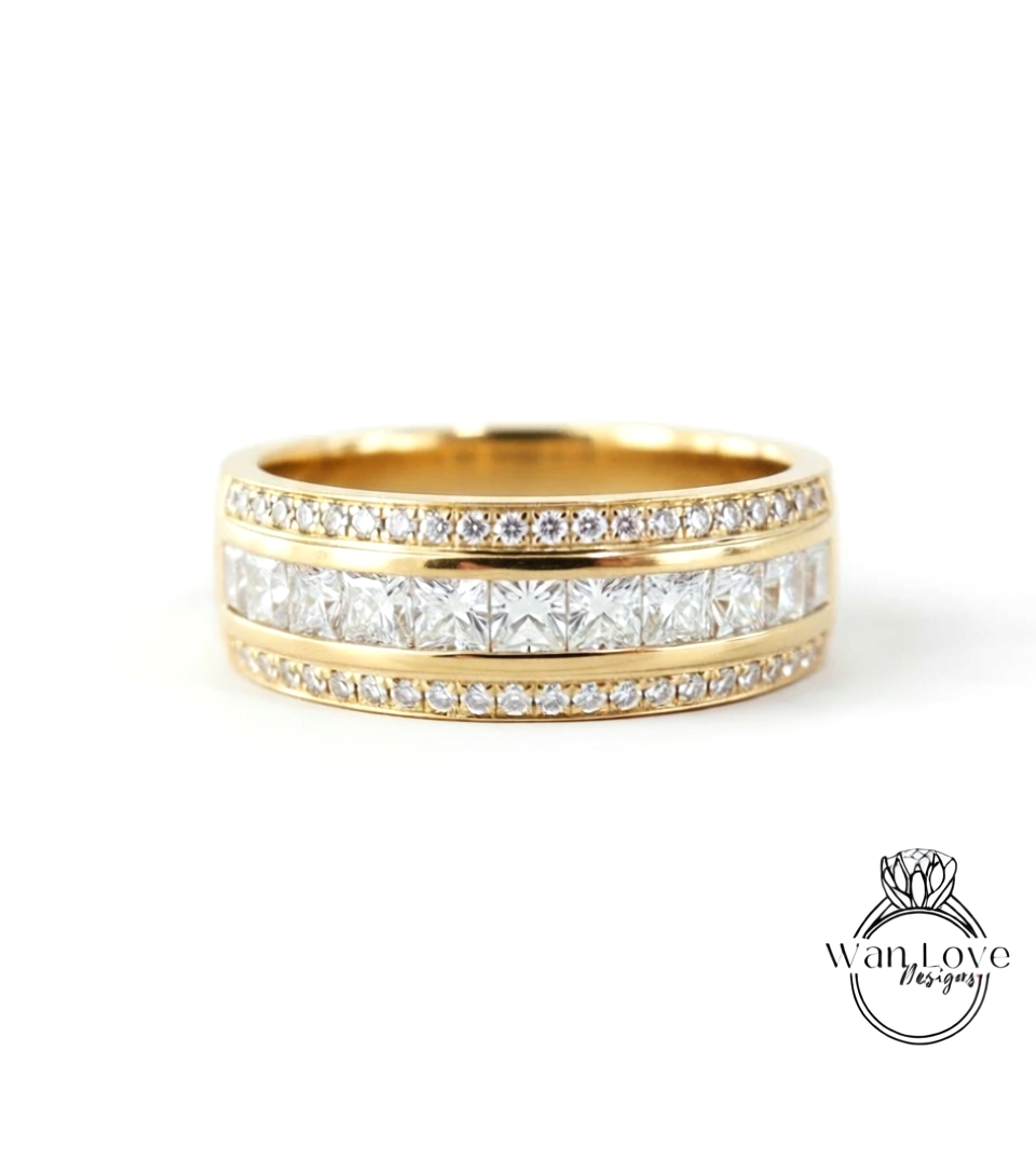 Mens Diamond Wedding Band, Princess Round cut Moissanite Mens Wedding Ring, Lab Diamond Mens Wedding Band, 10k/14k/18k Mens Birthstone Band