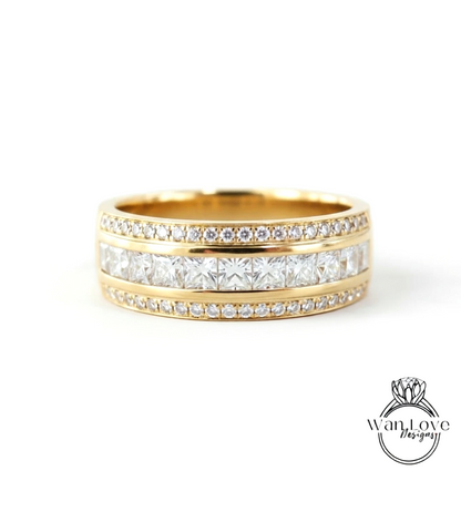 Mens Diamond Wedding Band, Princess Round cut Moissanite Mens Wedding Ring, Lab Diamond Mens Wedding Band, 10k/14k/18k Mens Birthstone Band