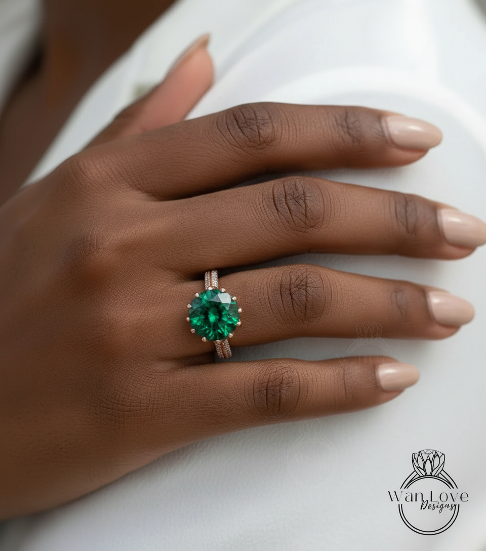 Lotus Flower ring, Emerald Flower Ring, Emerald & Diamond Gold Ring, Vintage Emerald Ring 14k Gold Lotus floral Emerald Engagement Ring