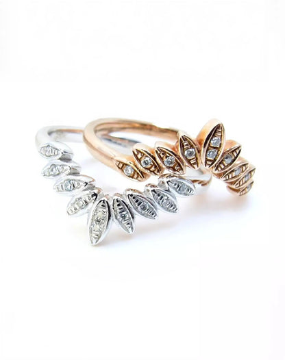 Moissanite Curved Nesting 9 Leaf Wedding Band Contoured moissanite Matching Flush ring White or Rose Gold curved bridal leaf ring-Ready Wan Love Designs