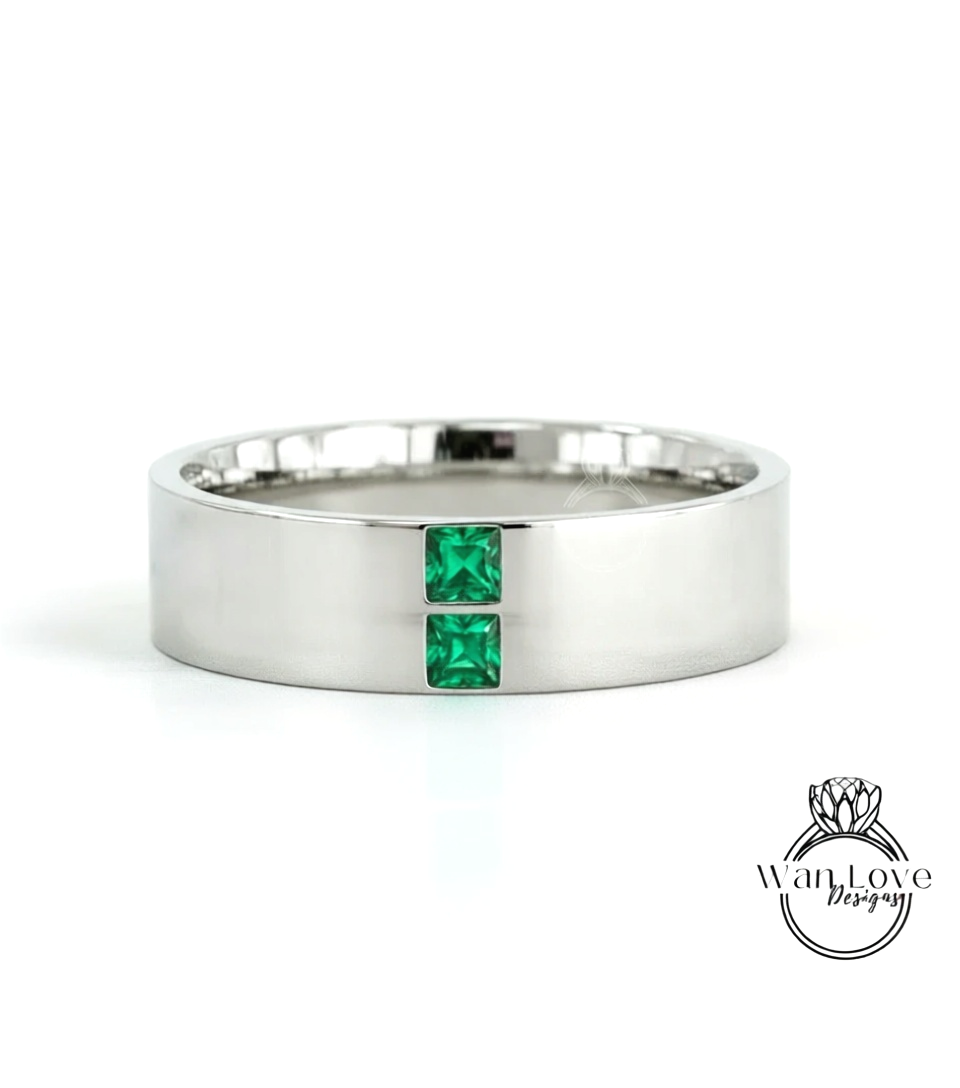 Mens Emerald Wedding Ring | Solid Rose Gold Mens Wedding Band | Princess Cut Diamond Band | Green Emerald Square Ring | His Birthstone Band