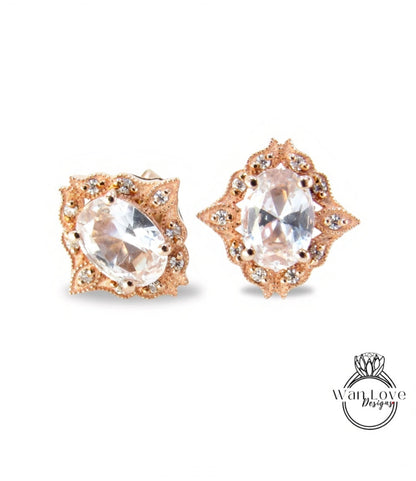 Art deco White Sapphire halo Earrings Unique vintage Moissanite milgrain Bridal studs Oval cut floral Wedding Day Anniversary jewelry gift Wan Love Designs
