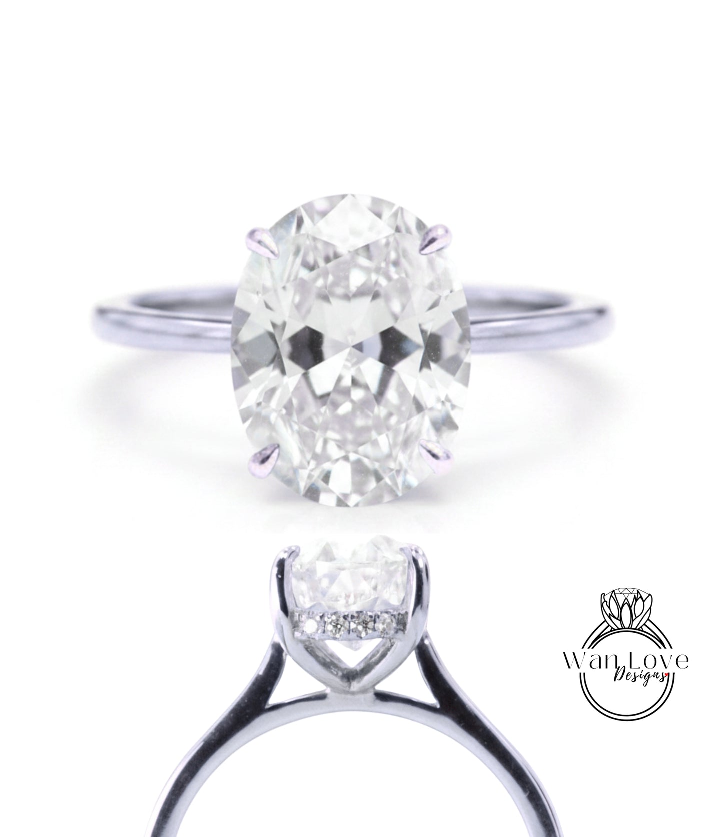 A close-up view of a diamond engagement ring with a large oval-shaped diamond set in a silver band.
