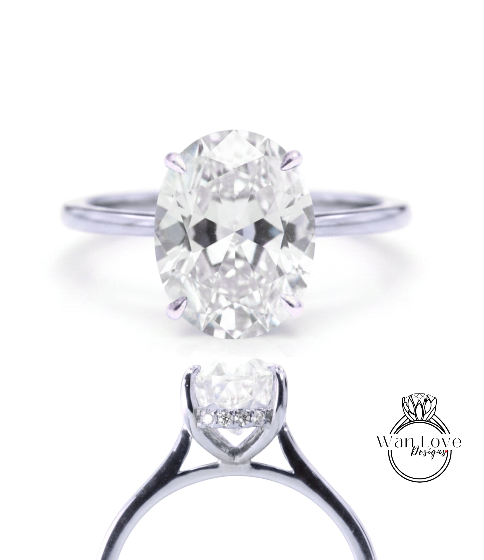 A close-up view of a diamond engagement ring with a large oval-shaped diamond set in a silver band.