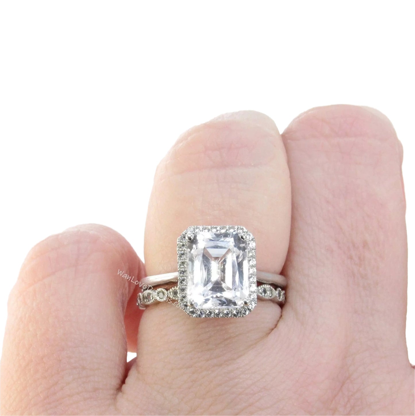 White Sapphire Emerald Halo Engagement Ring Dainty emerald cut halo vintage ring Milgrain Leaf Wedding Band Set 4ct bridal ring set-Ready