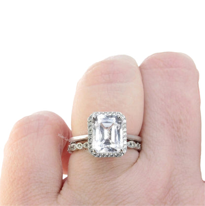 White Sapphire Emerald Halo Engagement Ring Dainty emerald cut halo vintage ring Milgrain Leaf Wedding Band Set 4ct bridal ring set-Ready