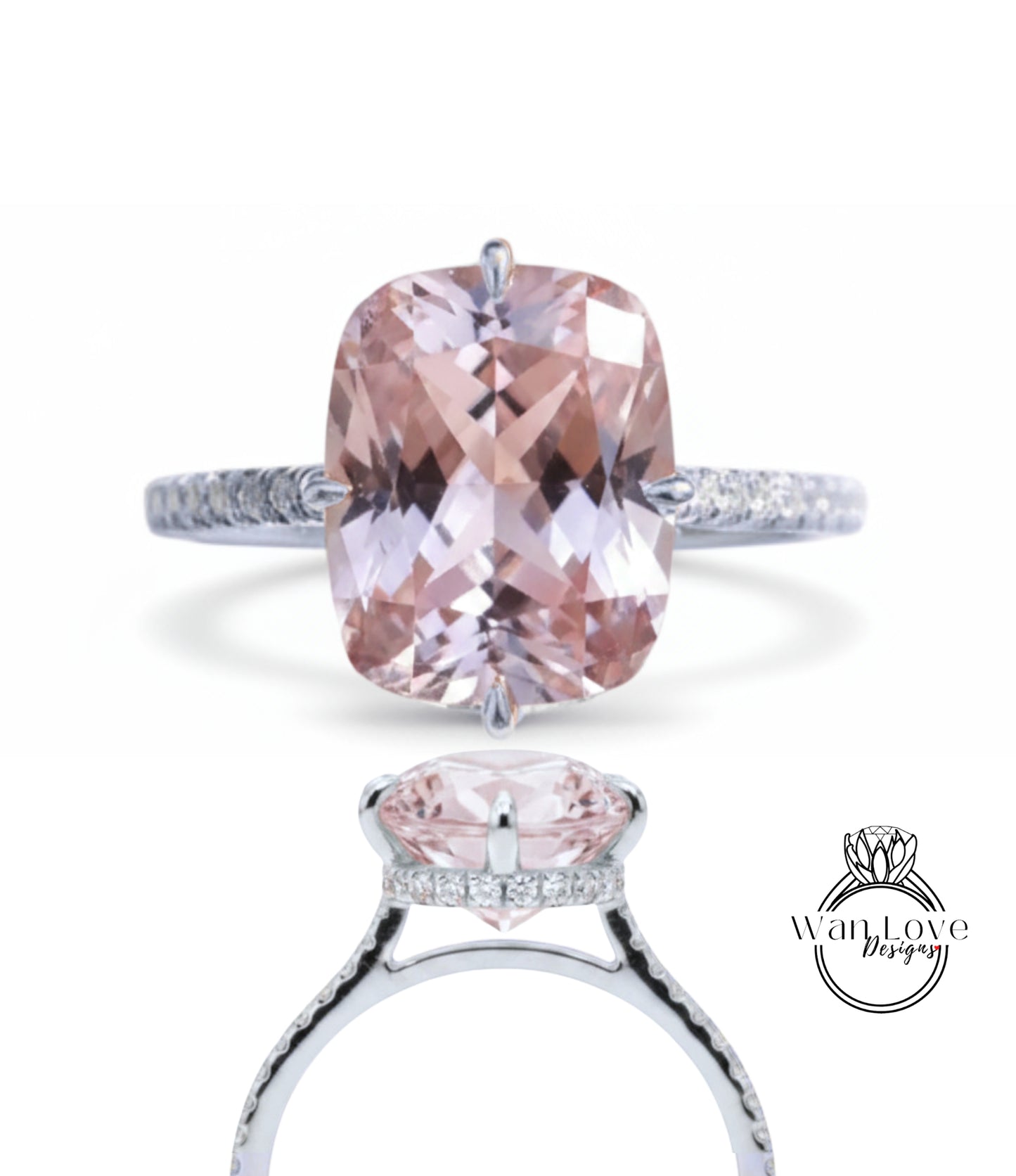 A stunning pink gemstone engagement ring with a large central gemstone surrounded by smaller stones. The ring is set in a silver band with a diamond accent.