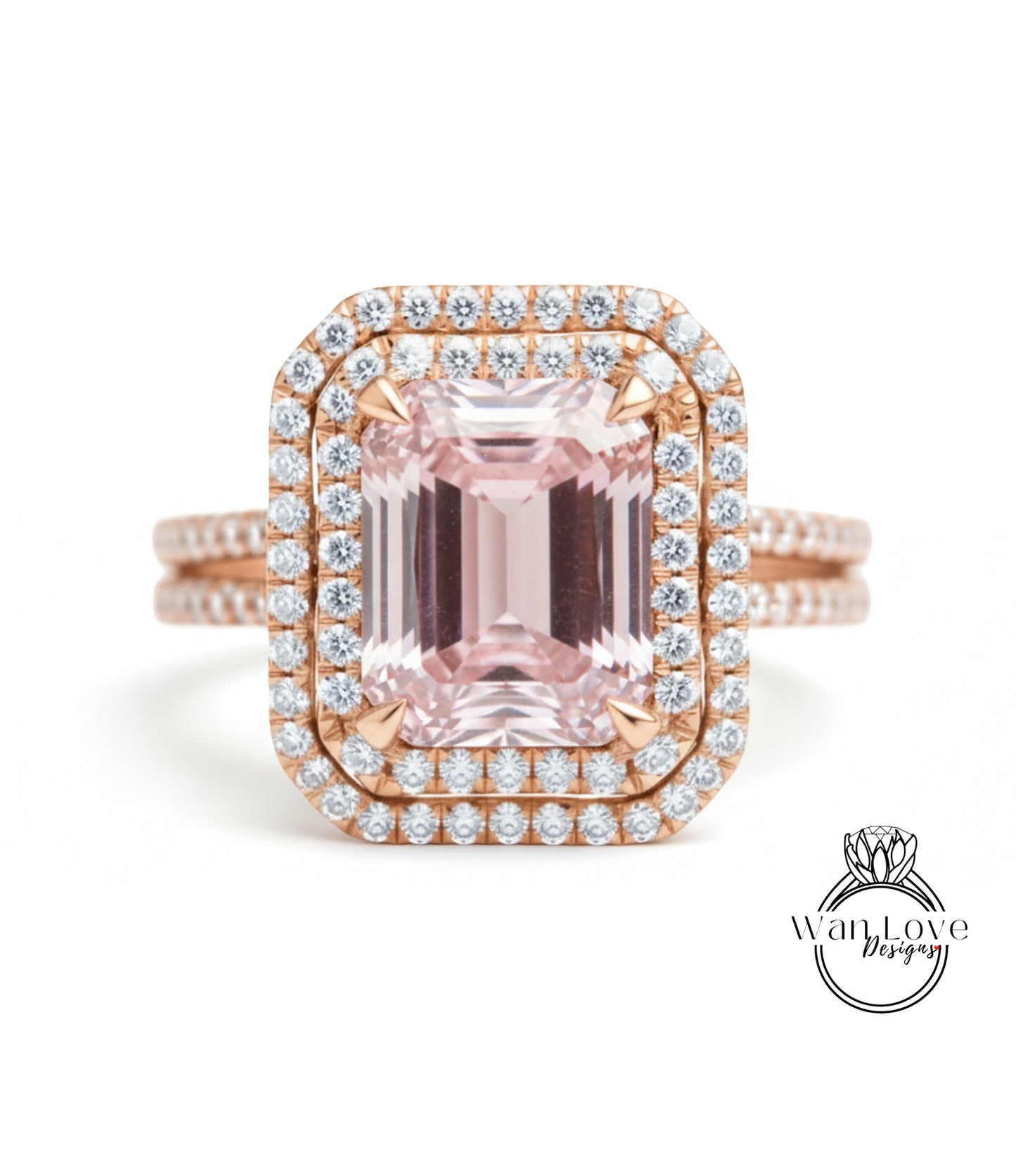 A large, pink gemstone ring with a halo of smaller diamonds around it, set in a rose gold band.