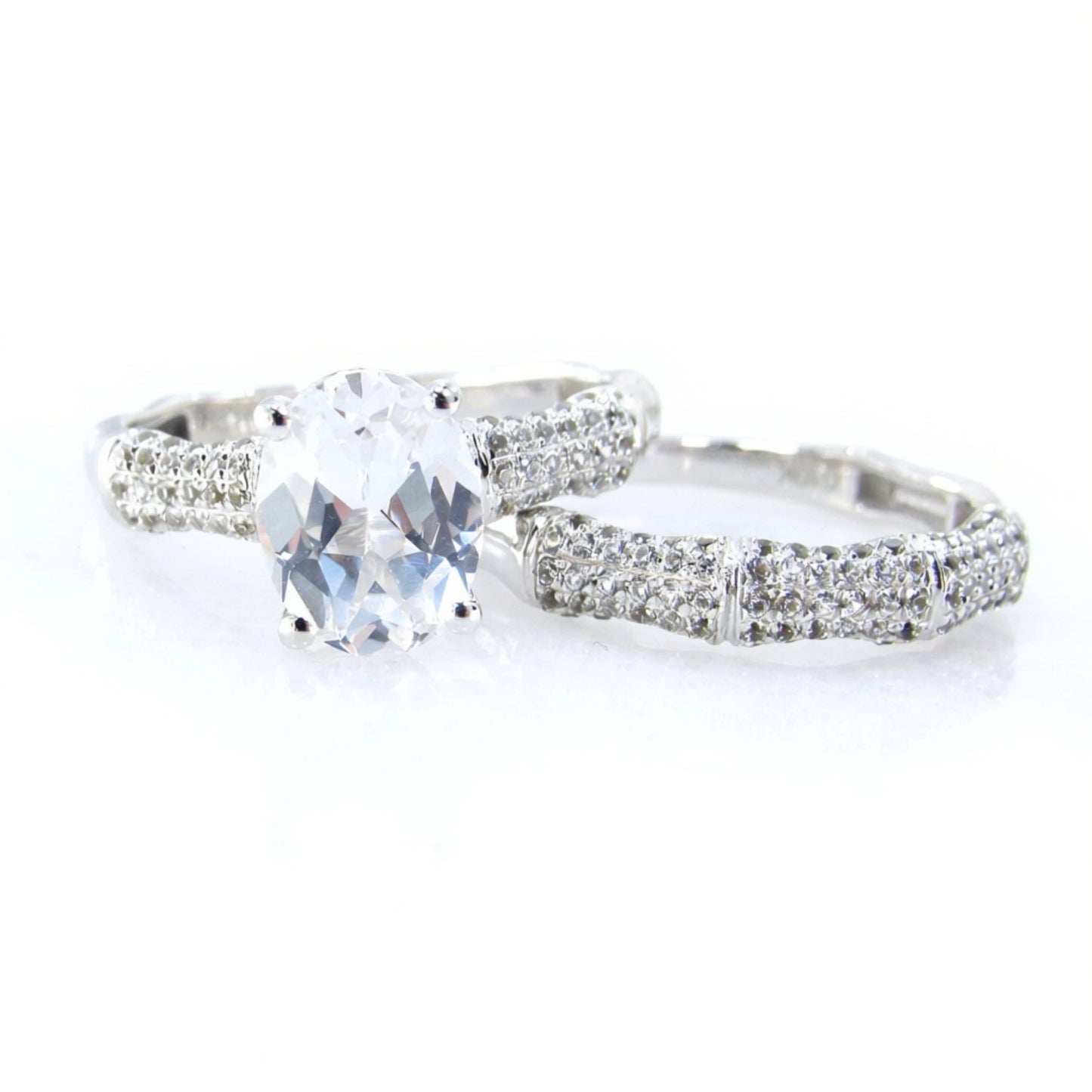Oval Bamboo White Sapphire Engagement Ring Set, 3ct oval Pave Wedding Band set bamboo White Gold wedding jewelry Anniversary promise Gift Wan Love Designs