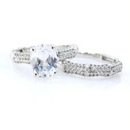 Oval Bamboo White Sapphire Engagement Ring Set, 3ct oval Pave Wedding Band set bamboo White Gold wedding jewelry Anniversary promise Gift Wan Love Designs