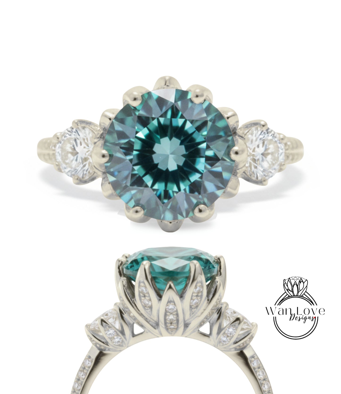 A silver engagement ring with a large blue gemstone, surrounded by smaller diamonds.