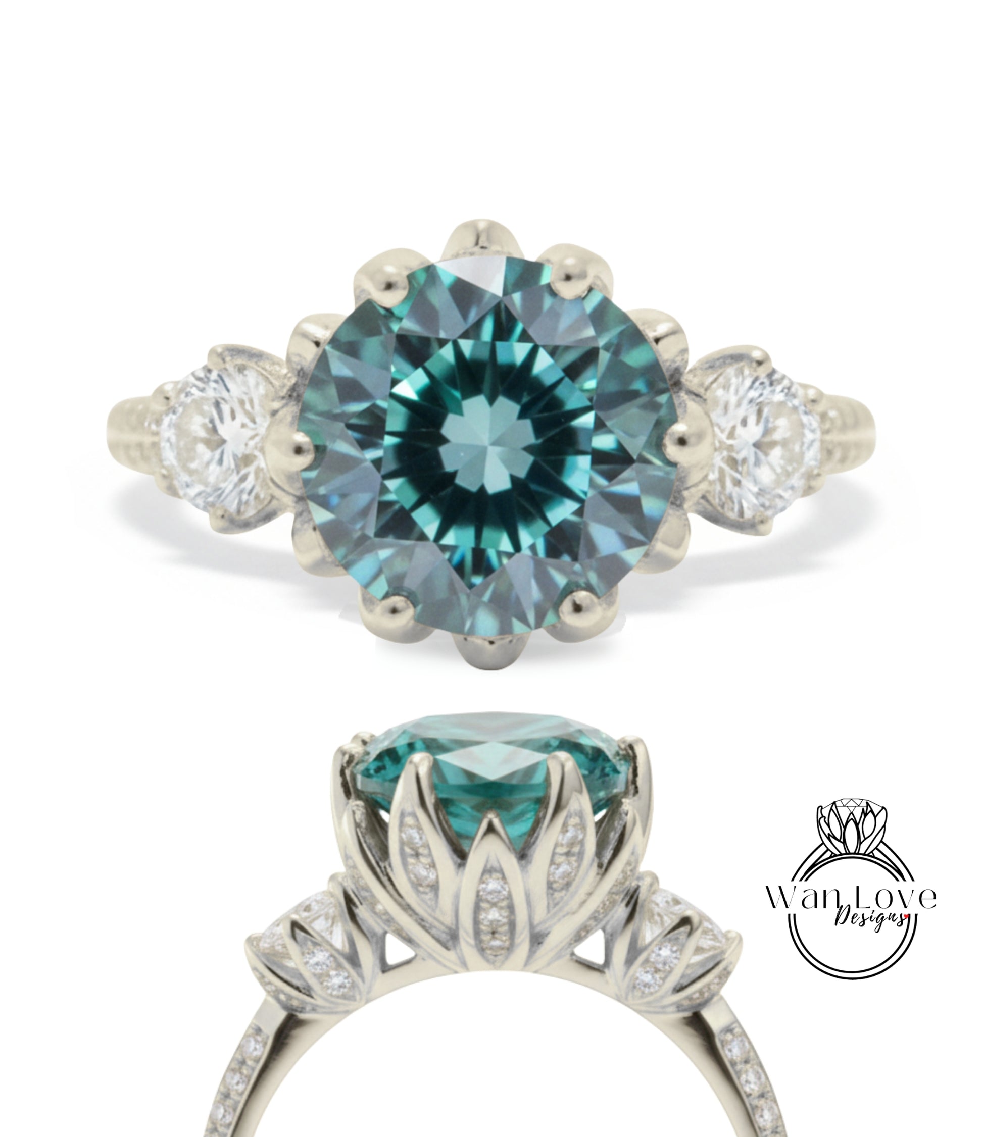 A silver engagement ring with a large blue gemstone, surrounded by smaller diamonds.
