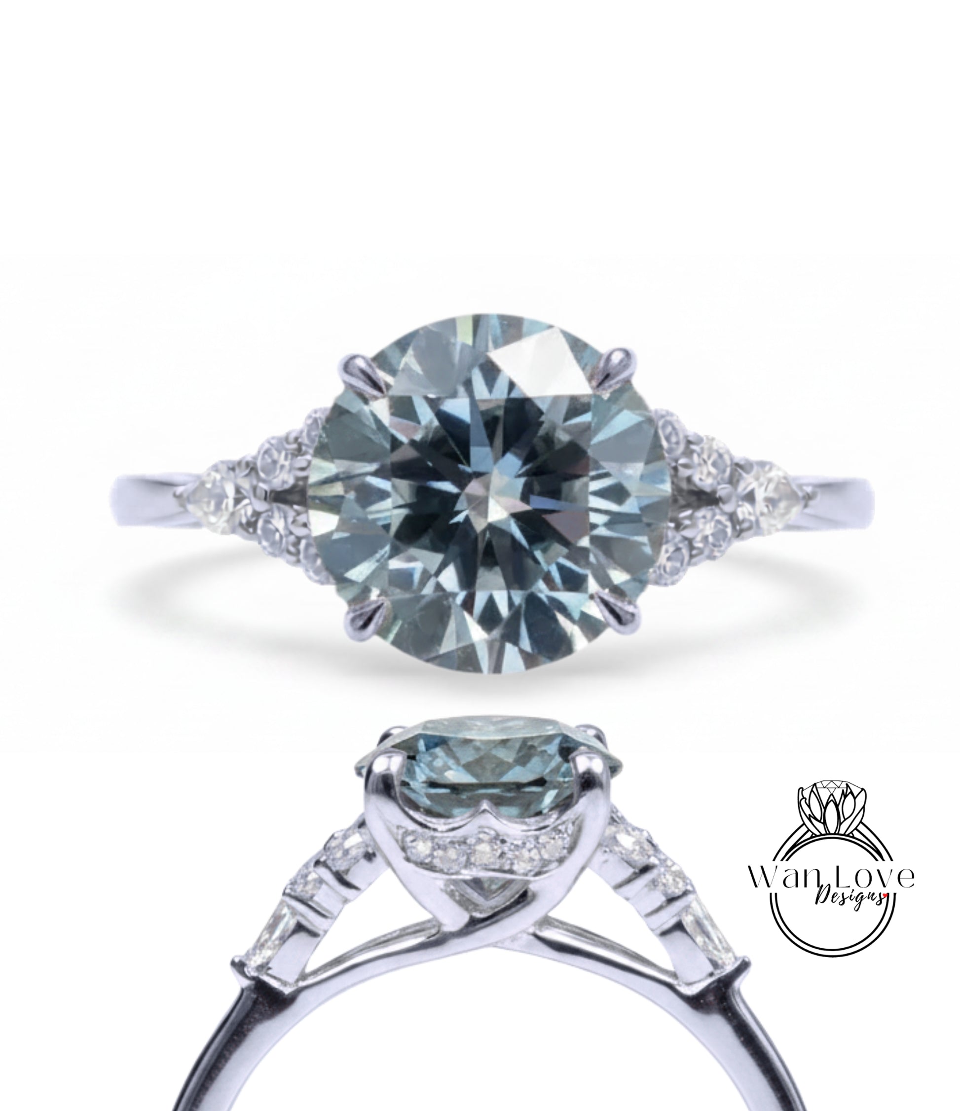 A stunning engagement ring with a large, round brilliant blue diamond set in a silver band, surrounded by smaller diamonds.