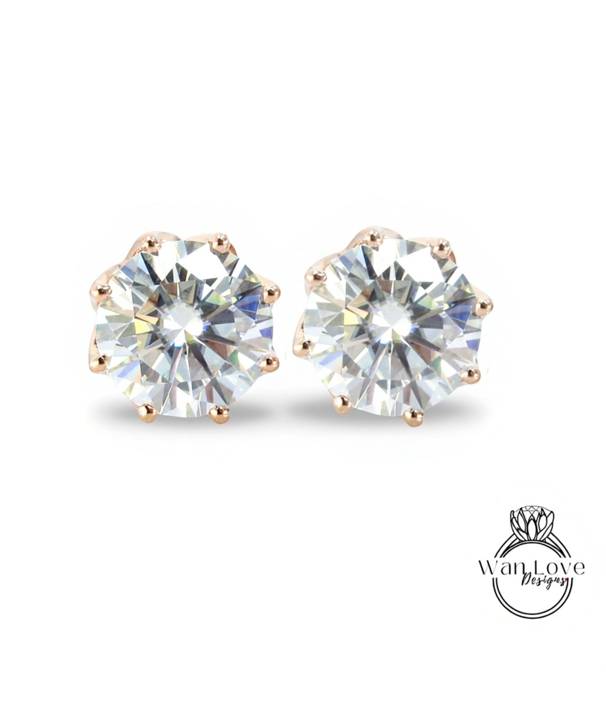 Moissanite Earrings Round cut studs 8 Prongs Screw Back, 1ct each, 2ct total weight, 6.5mm,Custom, White Gold,Anniversary Gift-Ready to Ship Wan Love Designs