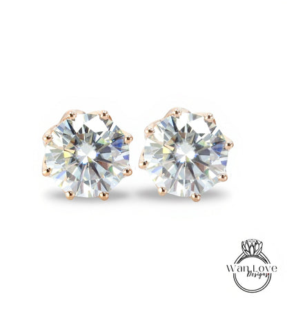 Moissanite Earrings Round cut studs 8 Prongs Screw Back, 1ct each, 2ct total weight, 6.5mm,Custom, White Gold,Anniversary Gift-Ready to Ship Wan Love Designs