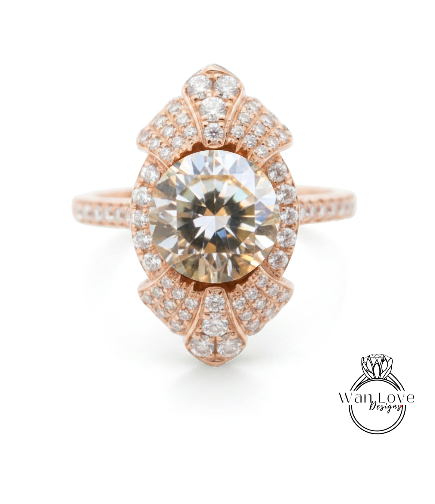 a beautiful engagement ring with a large, round diamond set in a rose gold band adorned with smaller diamonds.