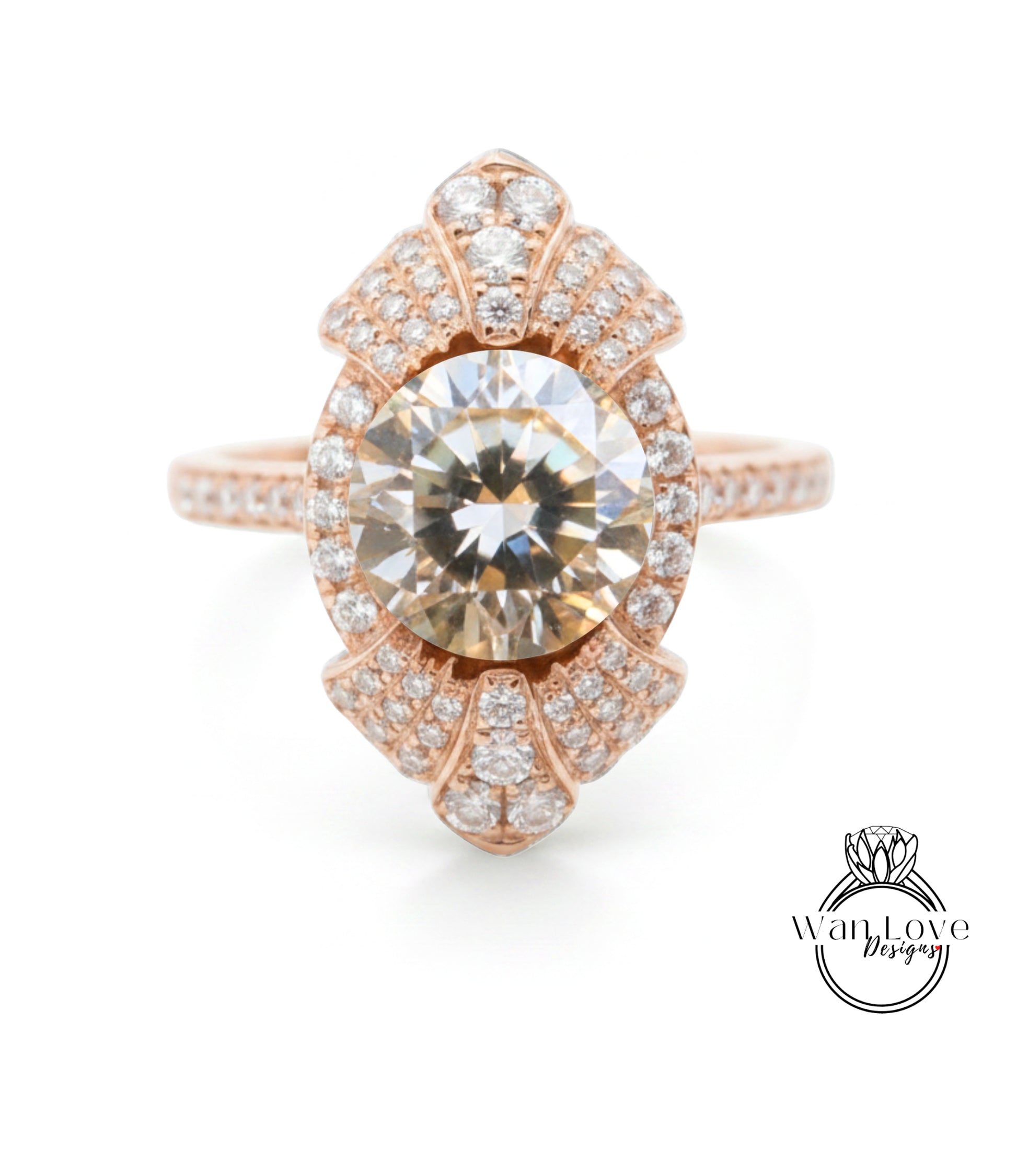 a beautiful engagement ring with a large, round diamond set in a rose gold band adorned with smaller diamonds.