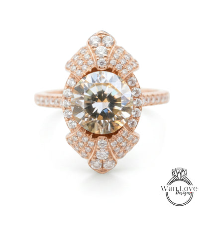 a beautiful engagement ring with a large, round diamond set in a rose gold band adorned with smaller diamonds.