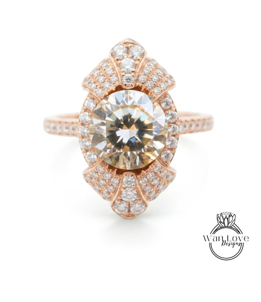 a beautiful engagement ring with a large, round diamond set in a rose gold band adorned with smaller diamonds.
