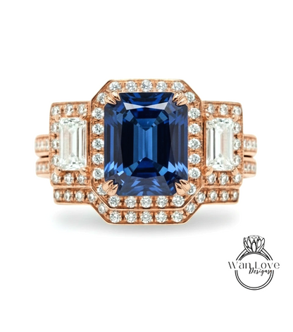 A stunning engagement ring featuring a large blue gemstone surrounded by smaller diamonds, set in a rose gold band.