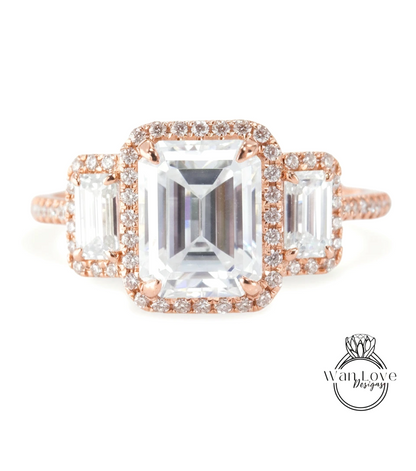 A close-up of a beautiful engagement ring with a large central diamond surrounded by smaller diamonds, set in a rose gold band.