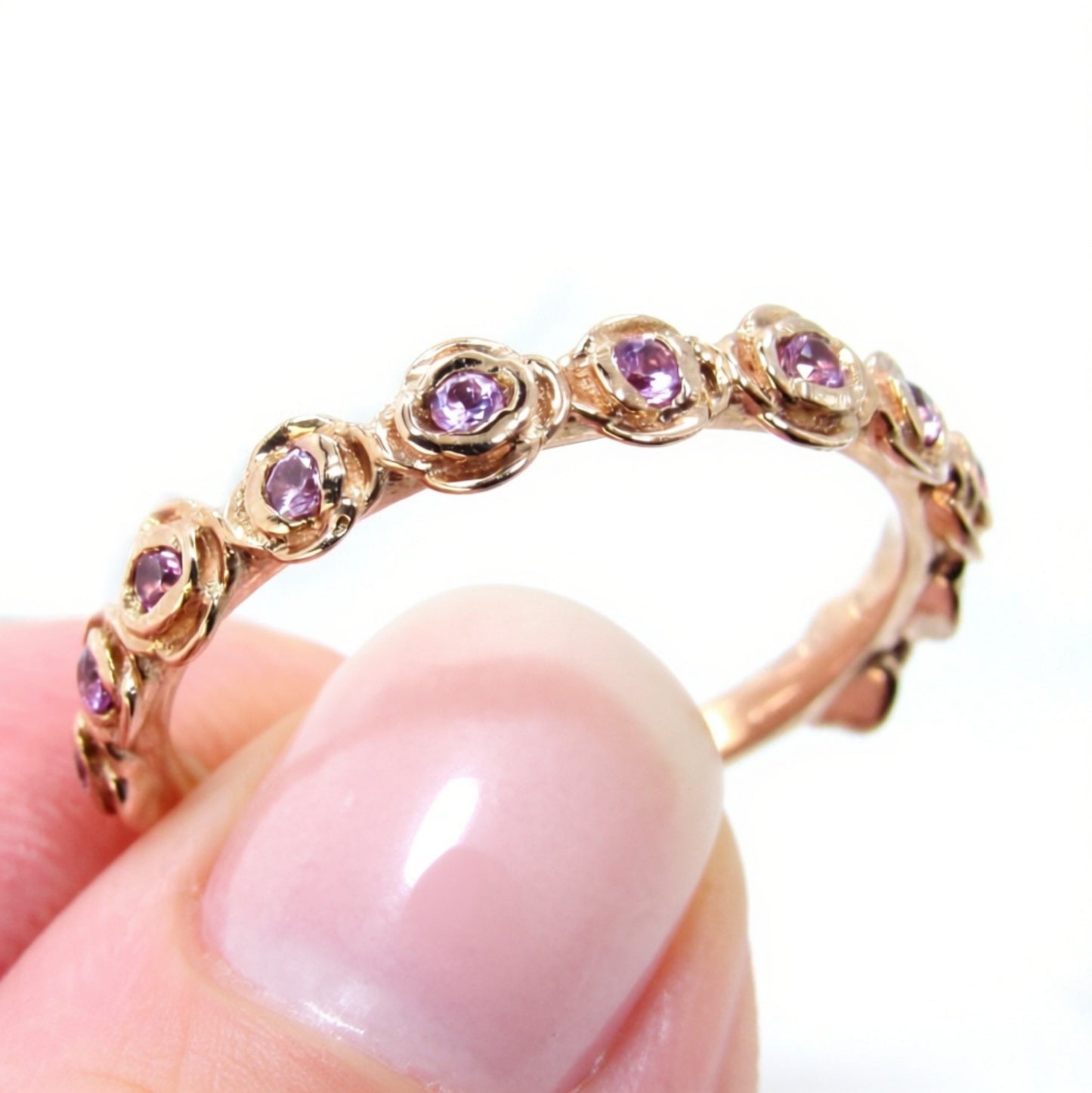 Rose Floral Gifts For Her/ Stacking Ring/ Solid 14K Rose Gold Rings/ Pink Sapphire Matching Bands/ Custom Wedding Ring/ Unique Promise Ring Wan Love Designs