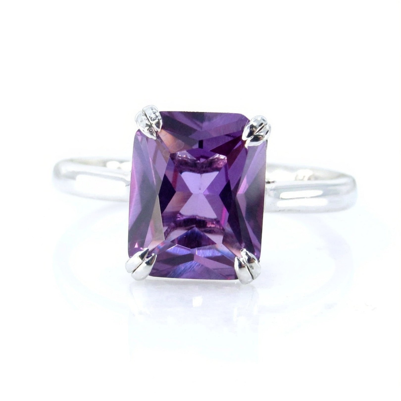 Purple Sapphire Alexandrite Color Engagement Ring, Solitaire, Emerald cut, 4ct Carat, 10x8mm, 925 Silver w Rhodium-Custom-Ready to Ship Wan Love Designs