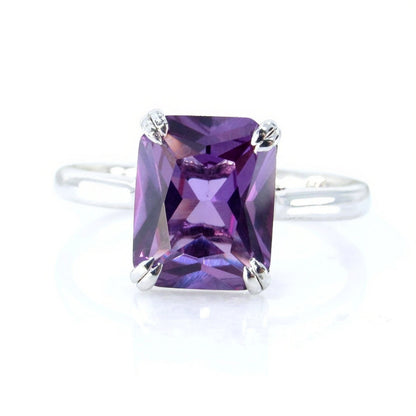 Purple Sapphire Alexandrite Color Engagement Ring, Solitaire, Emerald cut, 4ct Carat, 10x8mm, 925 Silver w Rhodium-Custom-Ready to Ship Wan Love Designs